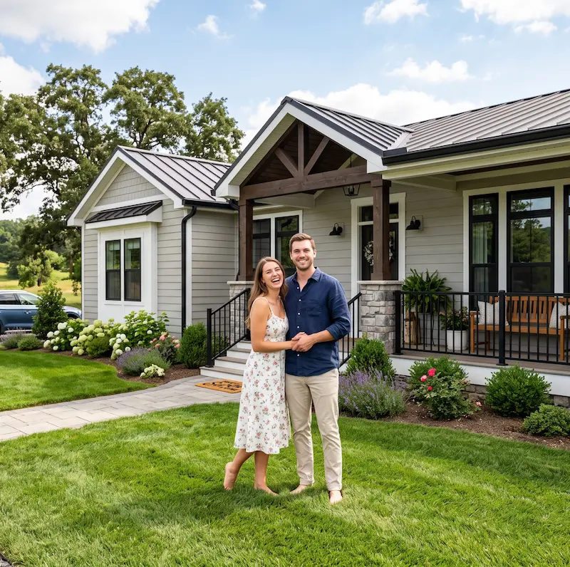 Happy couple standing in front of their new factory direct mobile home